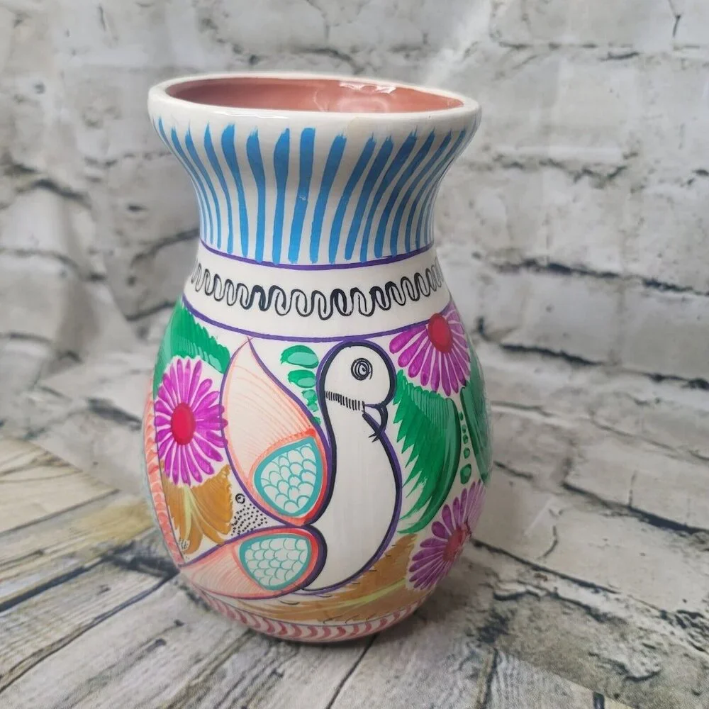 Mexican Folk Art Bright Vase Hand Painted Red Clay Pottery 7.5